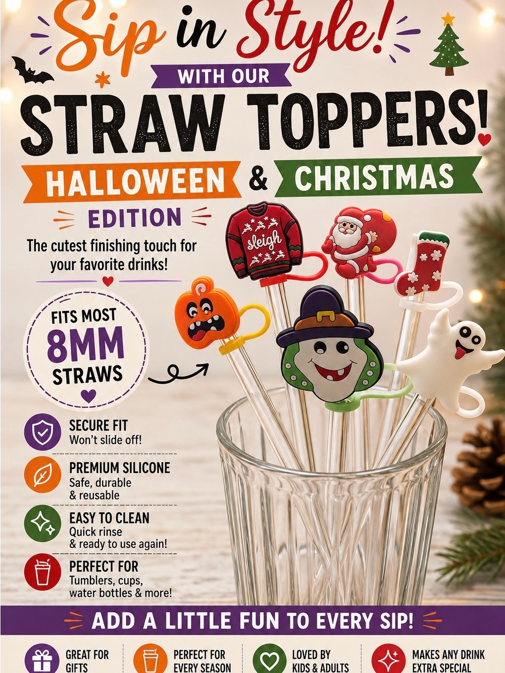 Festive Halloween & Christmas Silicone Straw Toppers – Set of 6